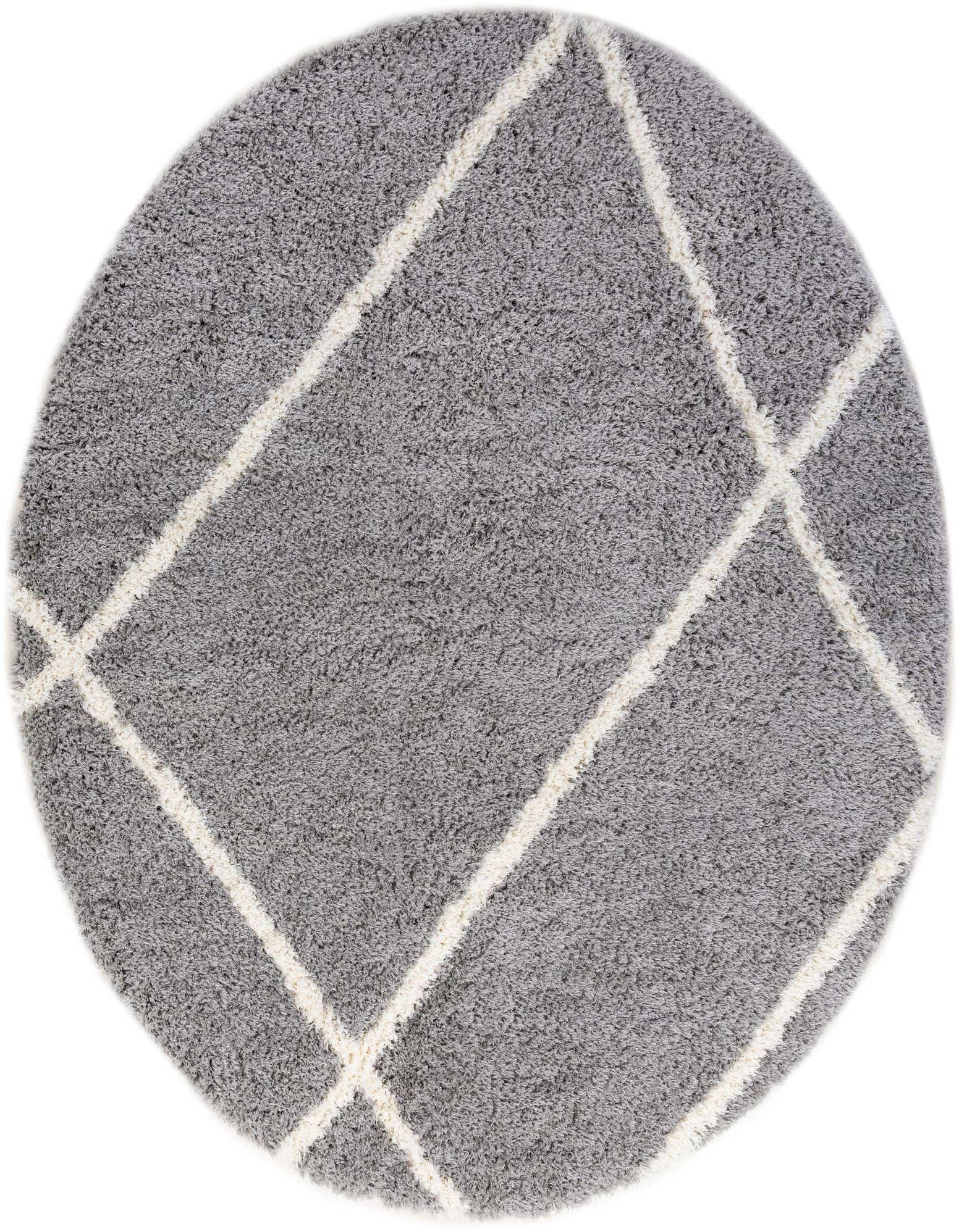 A 10-foot round gray shag rug with a modern white crisscross geometric pattern, offering plush comfort.