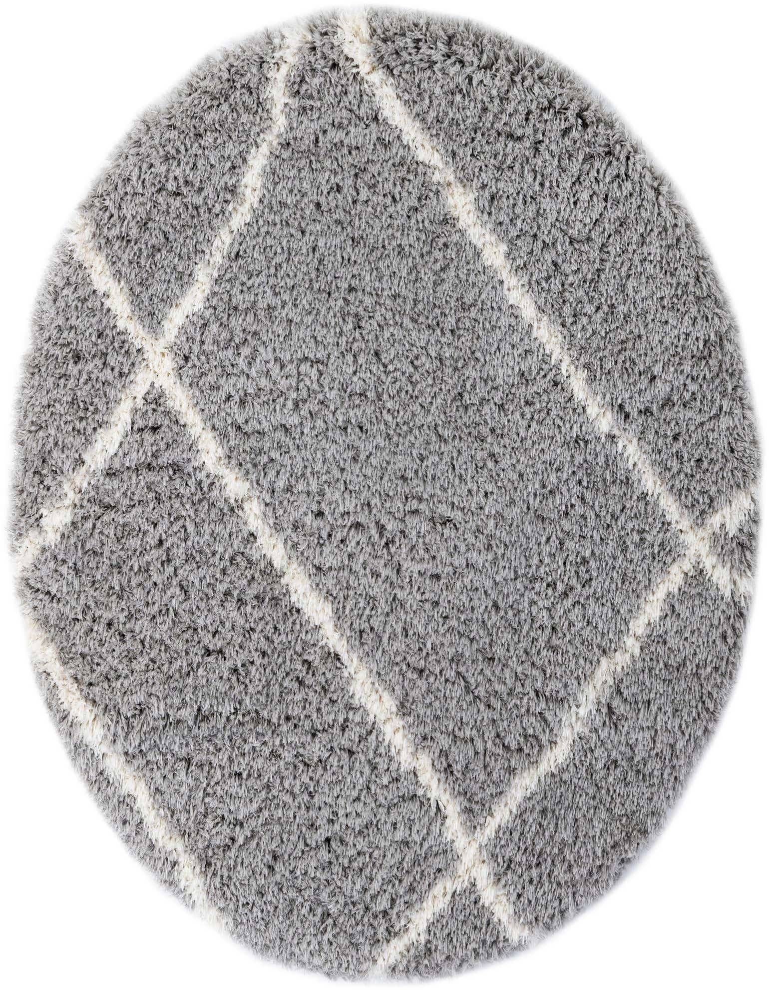 A 5' round gray shag rug with a modern white grid pattern, perfect for adding softness to any indoor space.