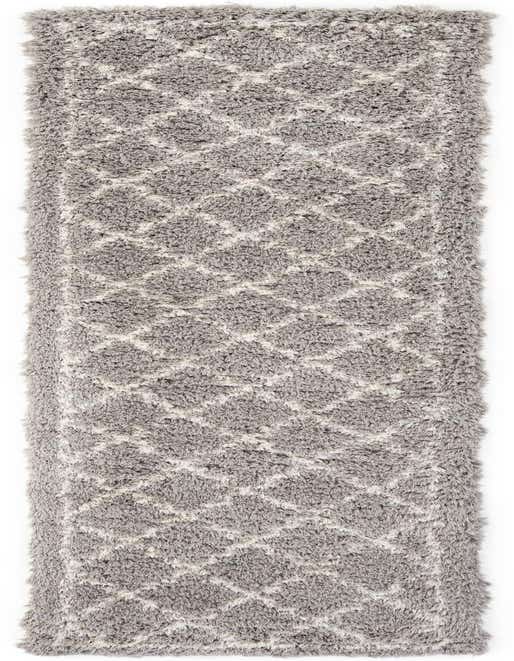 A 12 ft gray runner rug with a modern geometric pattern in lighter gray, featuring a soft shag pile.