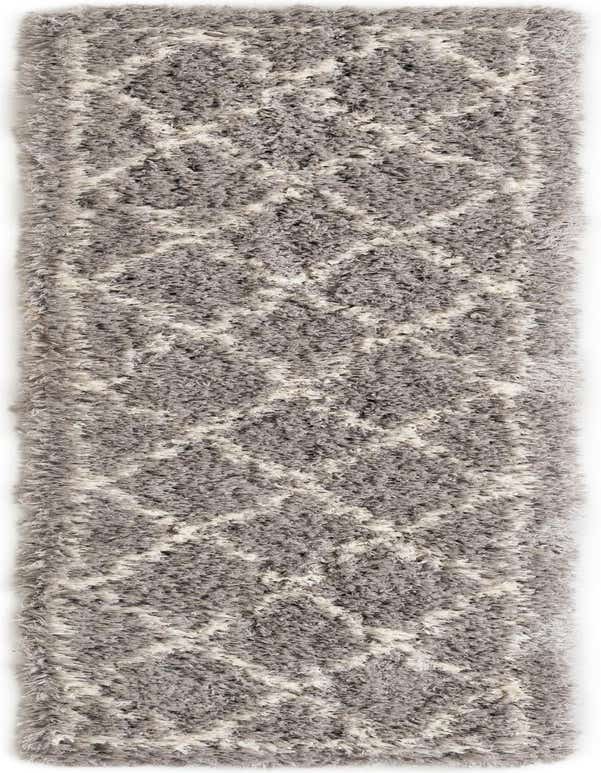 A gray and silver 8 ft runner rug with a modern shag pattern, suitable for a hallway.