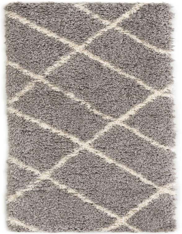 A gray shag runner rug with a modern off-white diamond trellis pattern, perfect for a hallway.