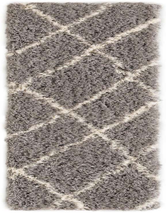 A gray shag runner rug with a modern white geometric diamond pattern, perfect for a hallway.