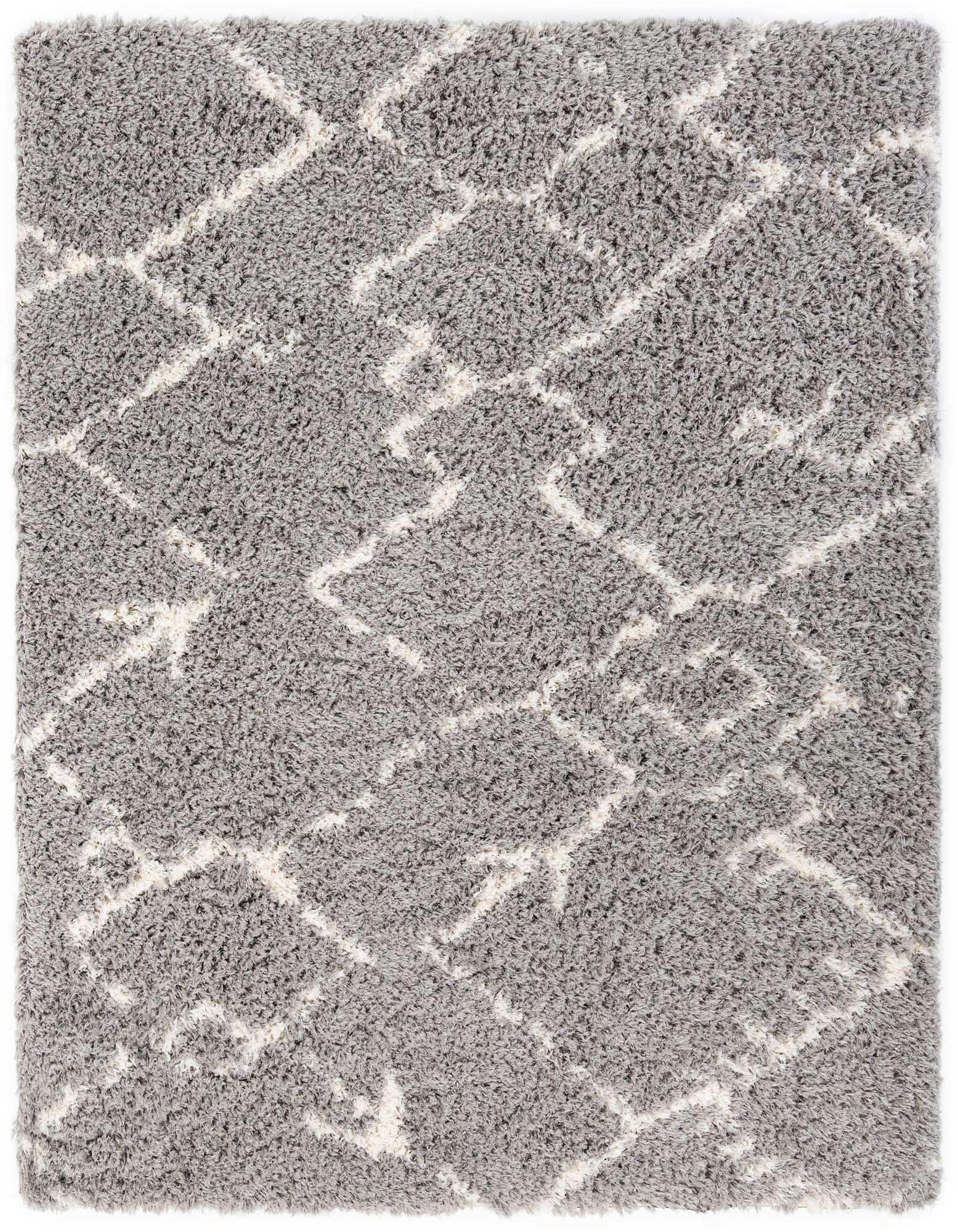 A square gray shag area rug with a modern white geometric trellis pattern, suitable for a living room or bedroom.