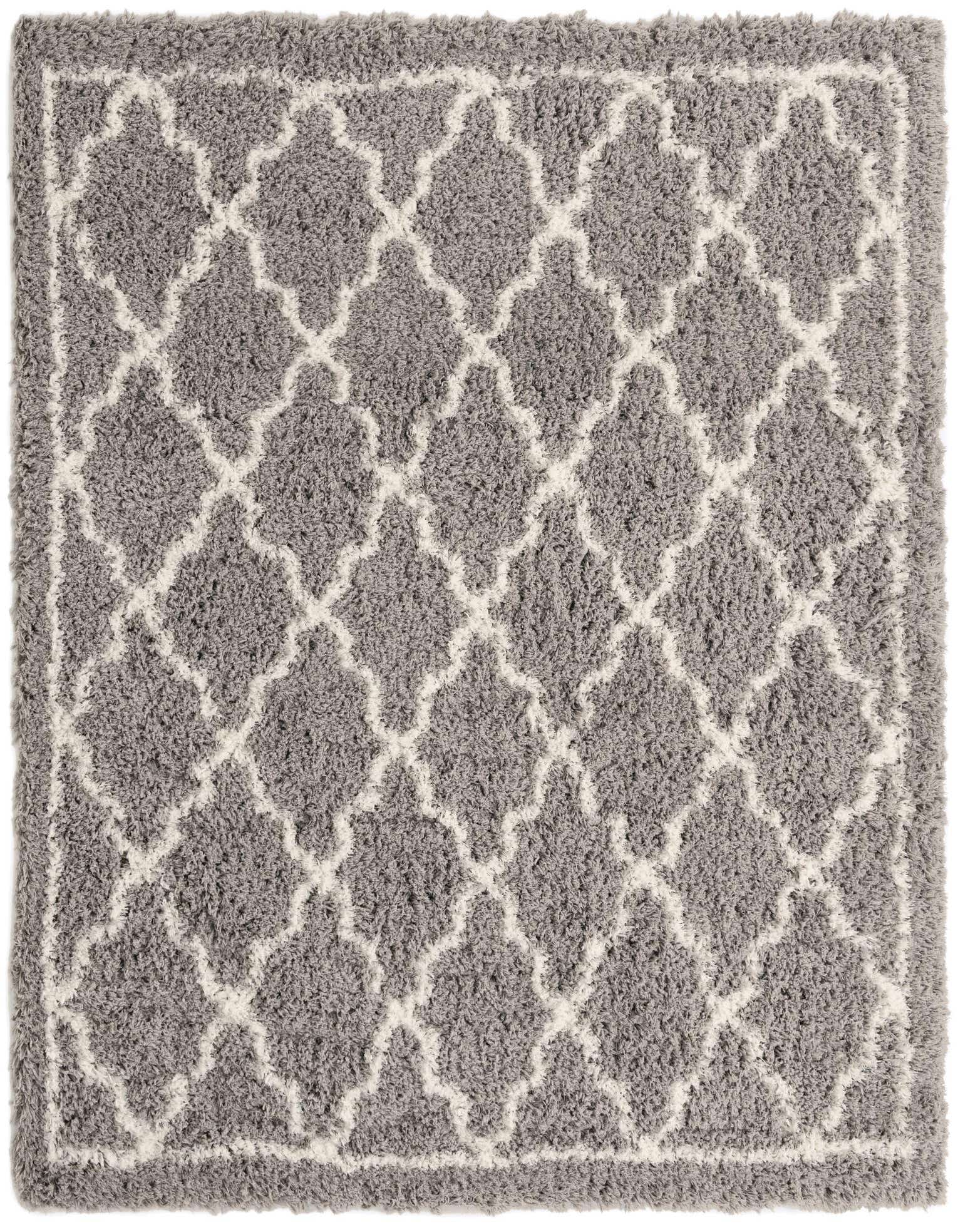 A square gray shag rug with a white modern geometric trellis pattern, ideal for a living room or bedroom.
