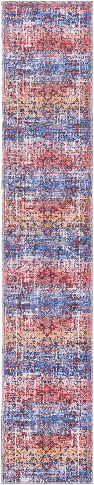 A 10 ft runner rug with a distressed traditional medallion pattern in shades of blue, orange, and red.