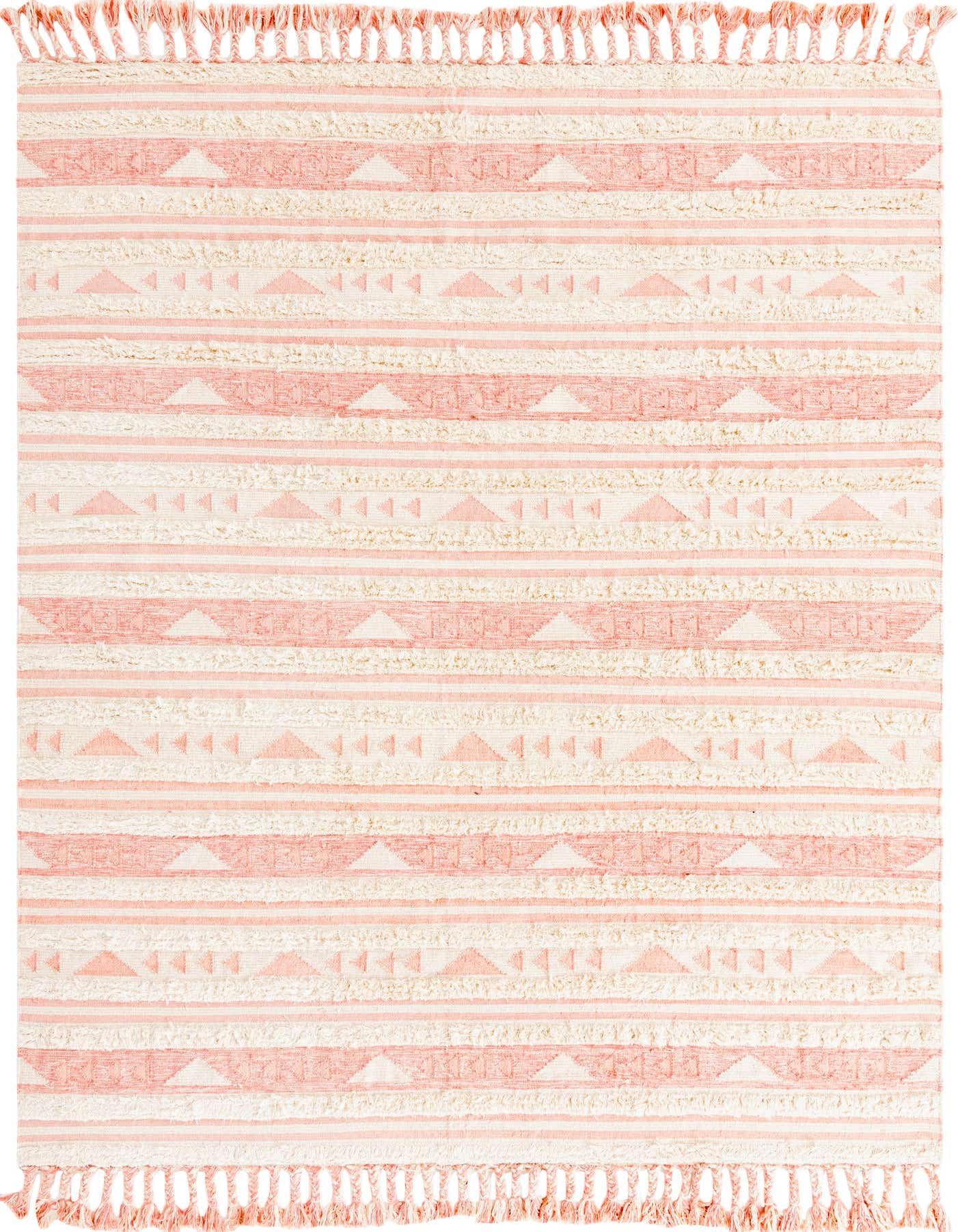 A 9x12 rectangular pink and cream tribal rug with textured stripes and triangular patterns, featuring shag pile and fringed edges.