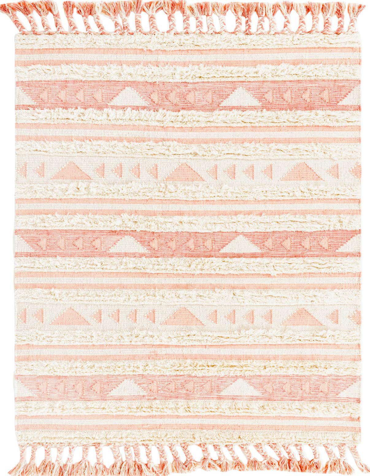 A 5x8 rectangular Arizona Collection rug by Rugs.com, featuring a pink and cream tribal bohemian pattern with shag and flatweave textures and decorative tassels.