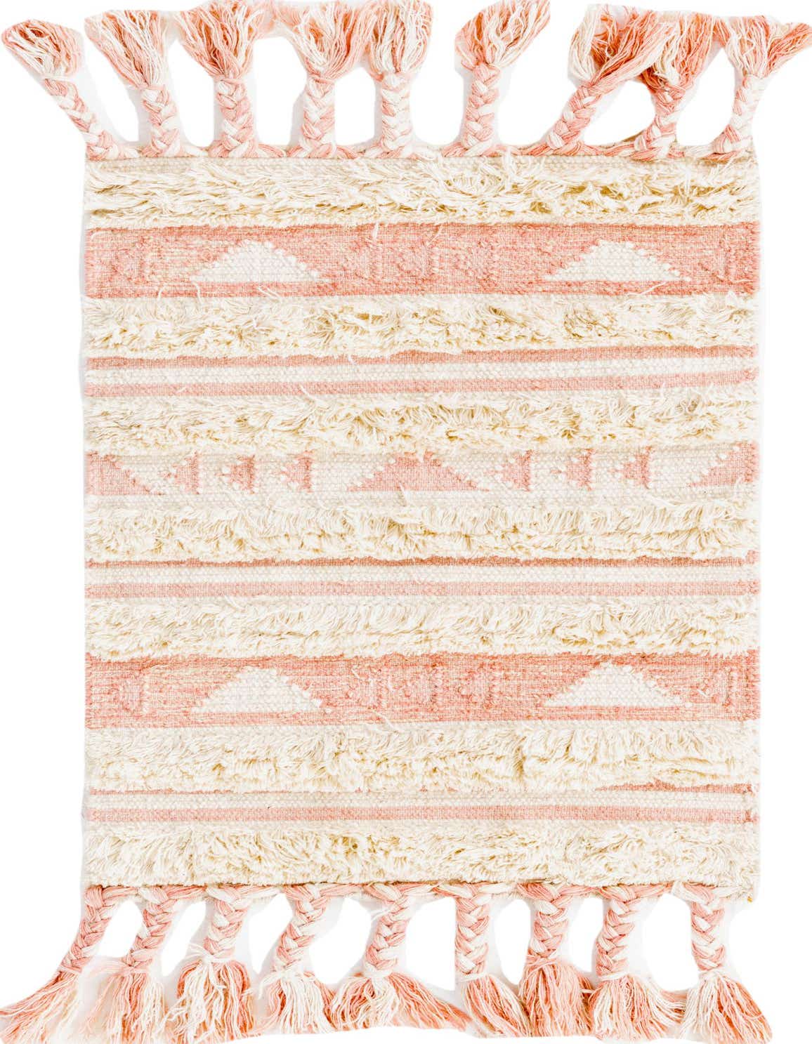 A 2x3 rectangular Arizona rug by Rugs.com, featuring a tribal and bohemian design with pink and off-white stripes, shag texture, and braided tassels.