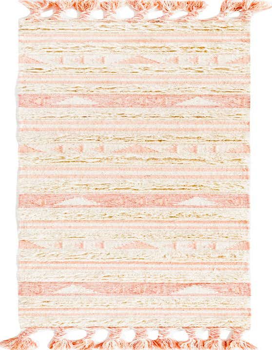A long 8 ft runner rug with a tribal, bohemian pattern in pinks and cream, featuring a textured shag pile and decorative tassels.