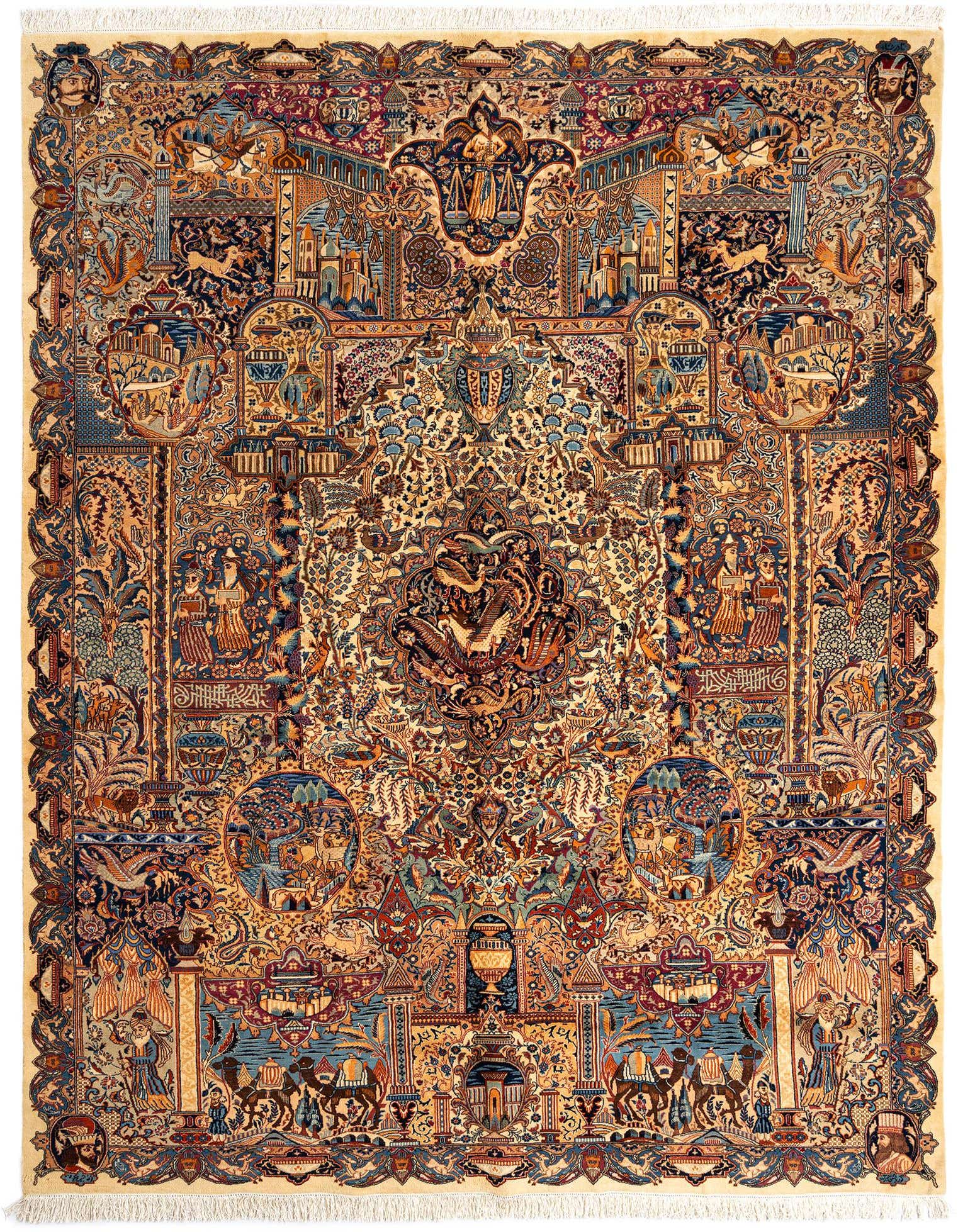 A large 10x13 rectangular beige Persian rug with intricate traditional patterns, featuring detailed scenes, figures, and animals in blue, red, and gold.