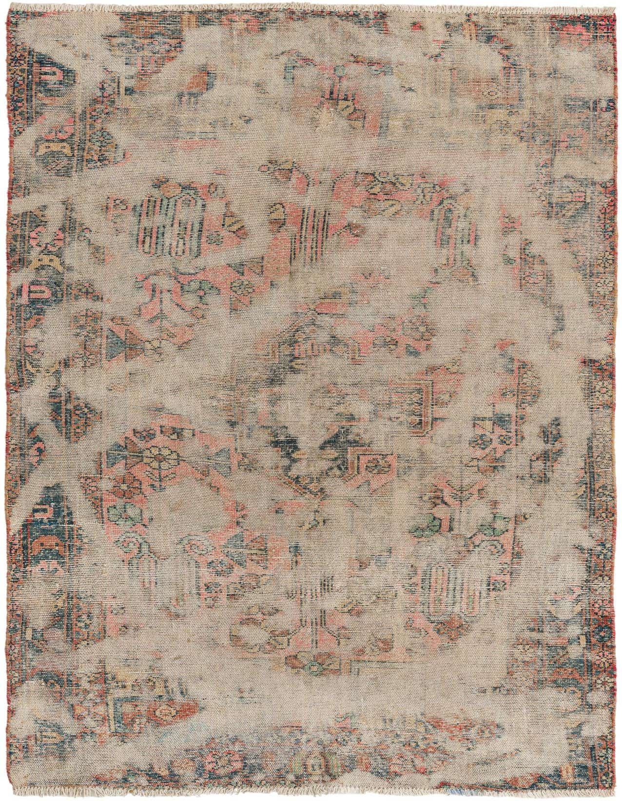 A 4x6 rectangular beige wool rug with a distressed Persian pattern in faded pink, blue, and green tones.