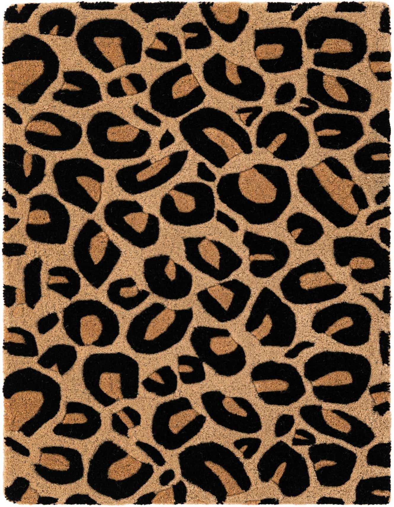 A 2x3 rectangular modern area rug featuring a bold beige and black leopard print pattern with a high, textured pile.