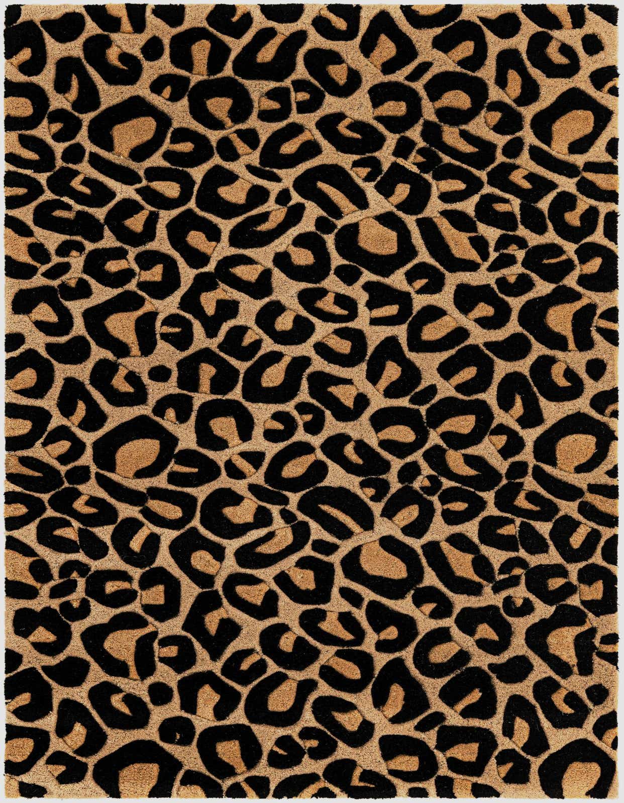 A rectangular 3x5 beige and black leopard print wool rug with a high textured pile, suitable for indoor use.