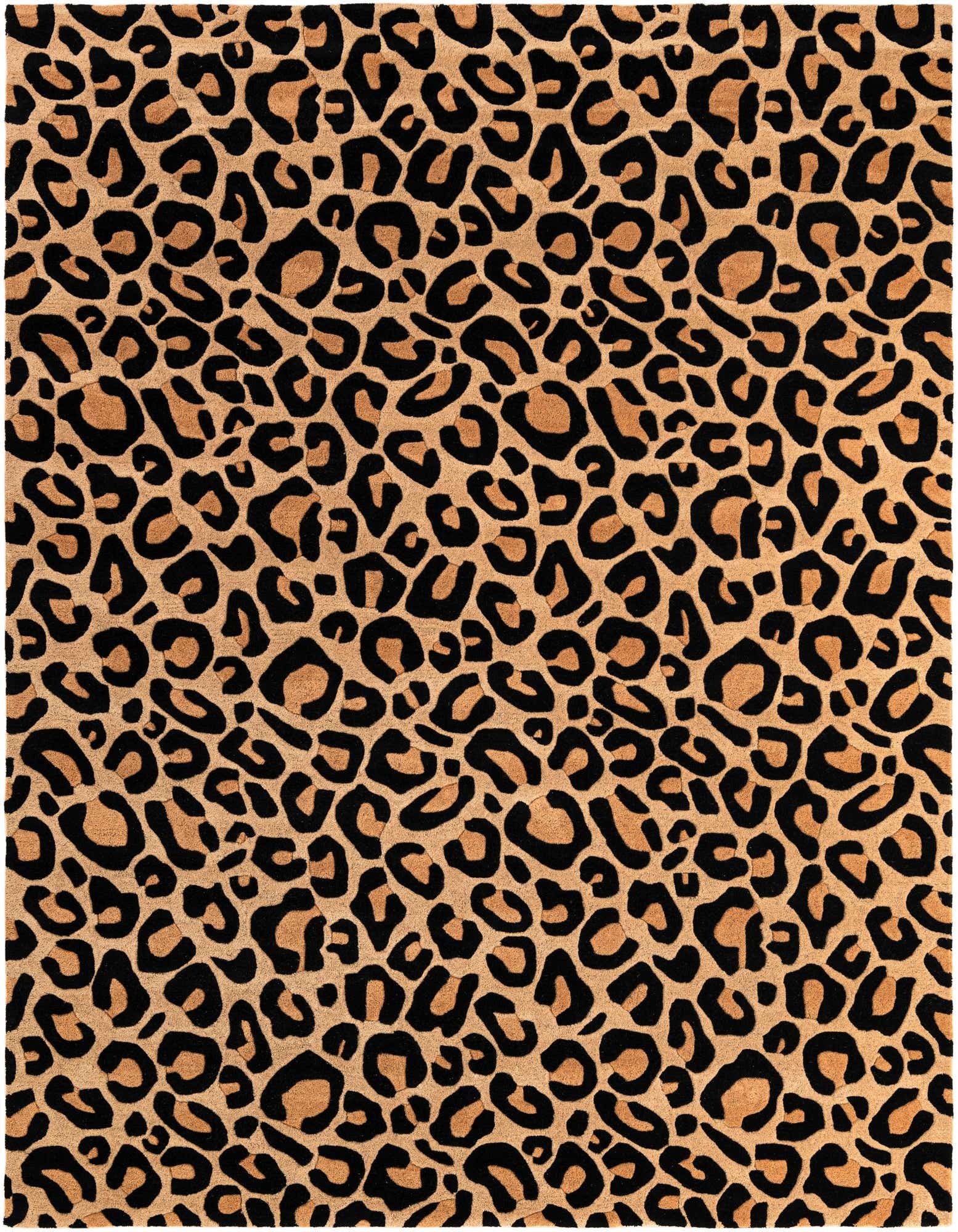 A rectangular 8x10 beige and black leopard print rug with a high pile, perfect for a modern living room.