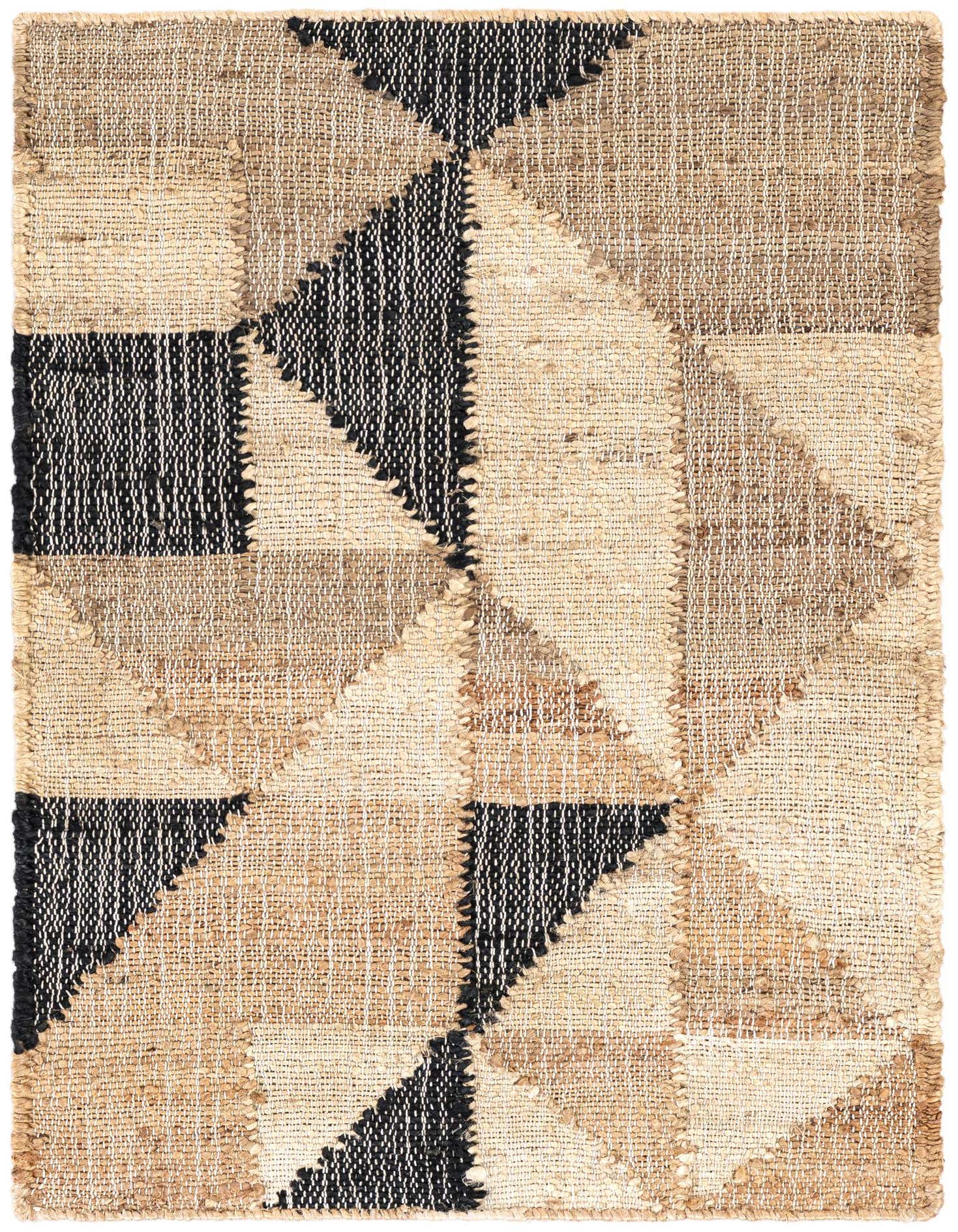 A 2x3 rectangular Rugs.com Kala Handwoven Jute rug featuring a modern abstract pattern in beige, natural jute, and black.