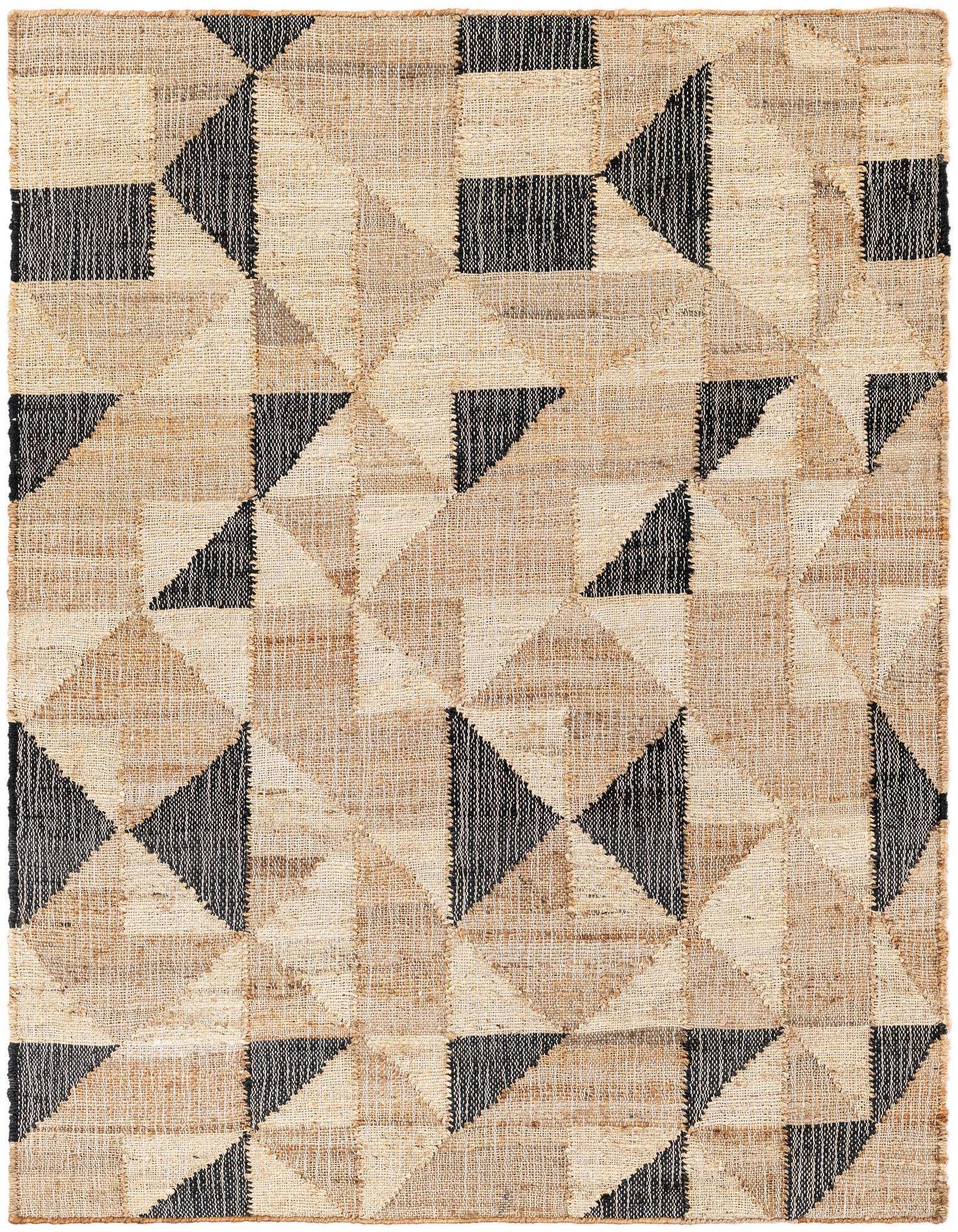 A 4x6 rectangular Rugs.com Kala Handwoven Jute rug featuring a modern geometric pattern in beige and black.