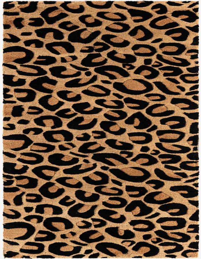 A 6 ft runner rug with a bold beige and black leopard print, featuring a high, textured pile, perfect for a hallway.