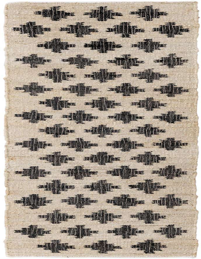 A 6 ft runner rug featuring a modern geometric pattern of black woven diamonds on a natural beige jute background.