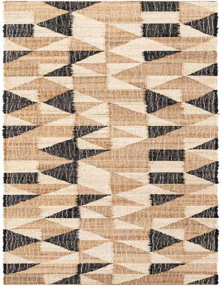 A 12 ft runner rug with a modern geometric pattern in beige, natural jute, and black triangles, ideal for a hallway.