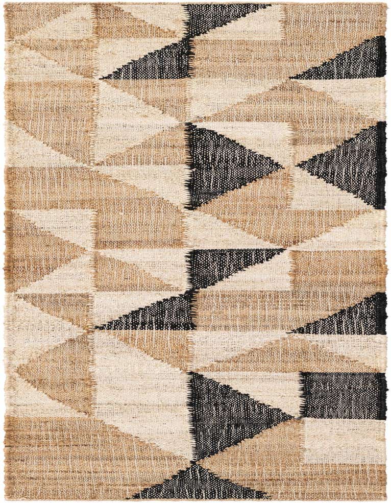A 6 ft runner rug with a modern geometric pattern in beige, black, and natural jute, ideal for a hallway.