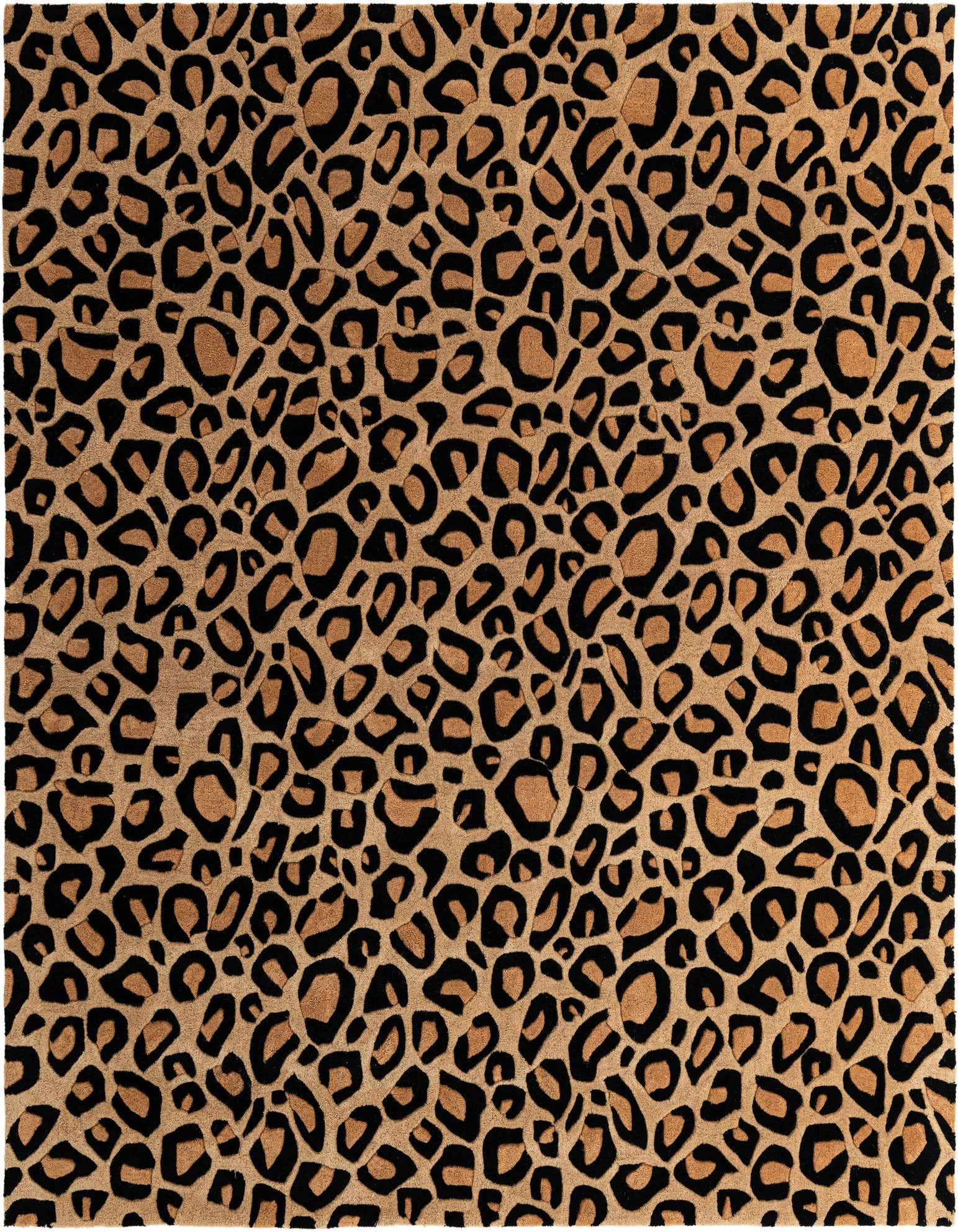 A square beige and black leopard print area rug with a high pile, perfect for adding a modern touch to any indoor room.