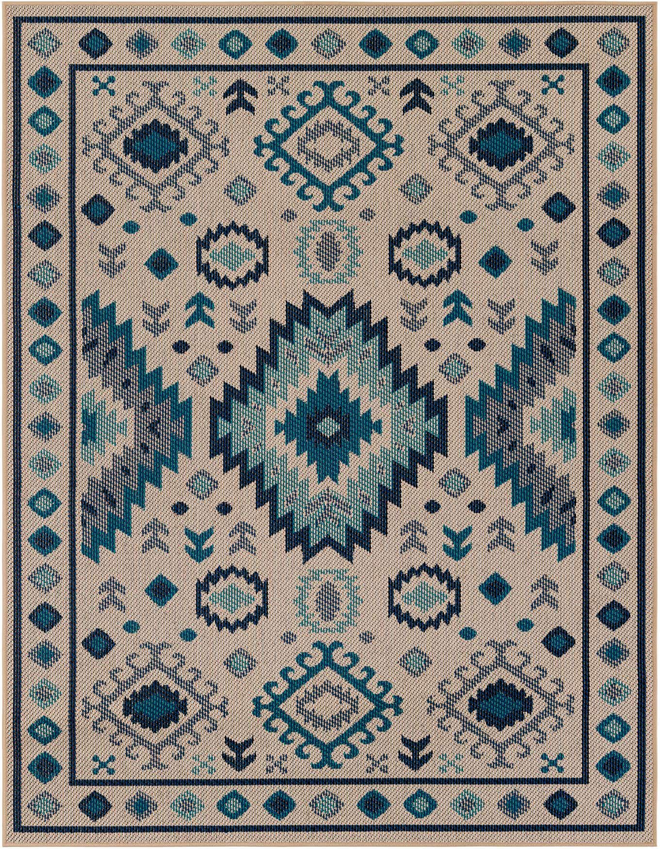 A 5x8 rectangular Baja Outdoor rug featuring a modern geometric pattern in shades of beige and blue.