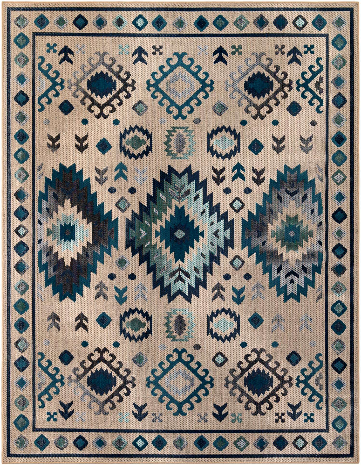 A rectangular 8x10 beige and blue indoor/outdoor rug with a traditional medallion and geometric pattern.