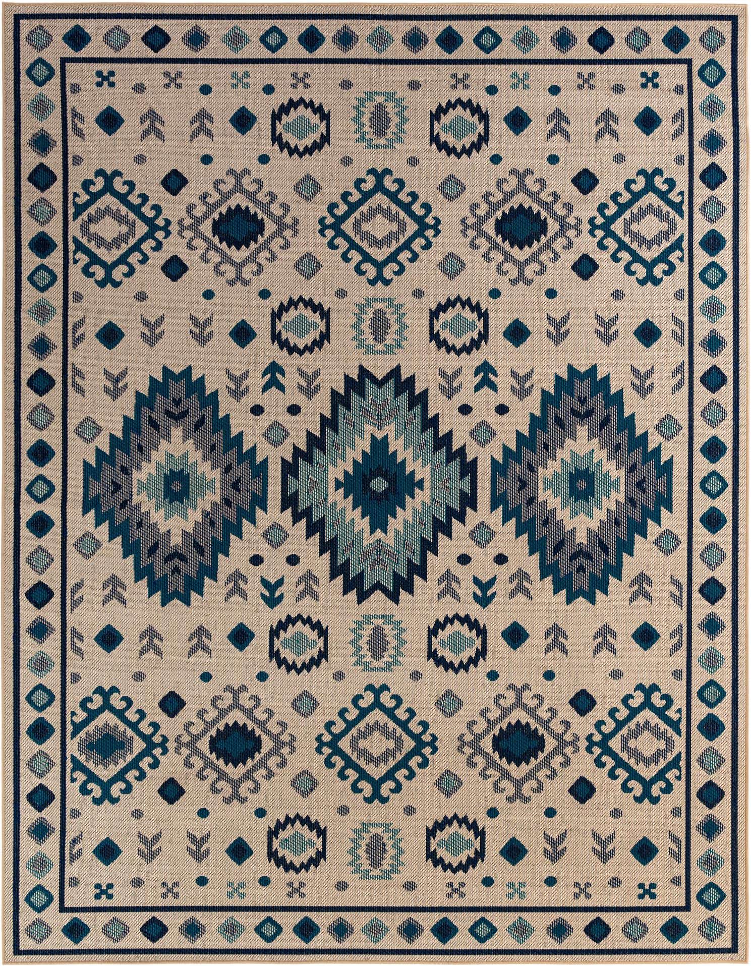 A 9x12 rectangular beige and blue outdoor rug with a traditional geometric pattern, ideal for a patio or living room.