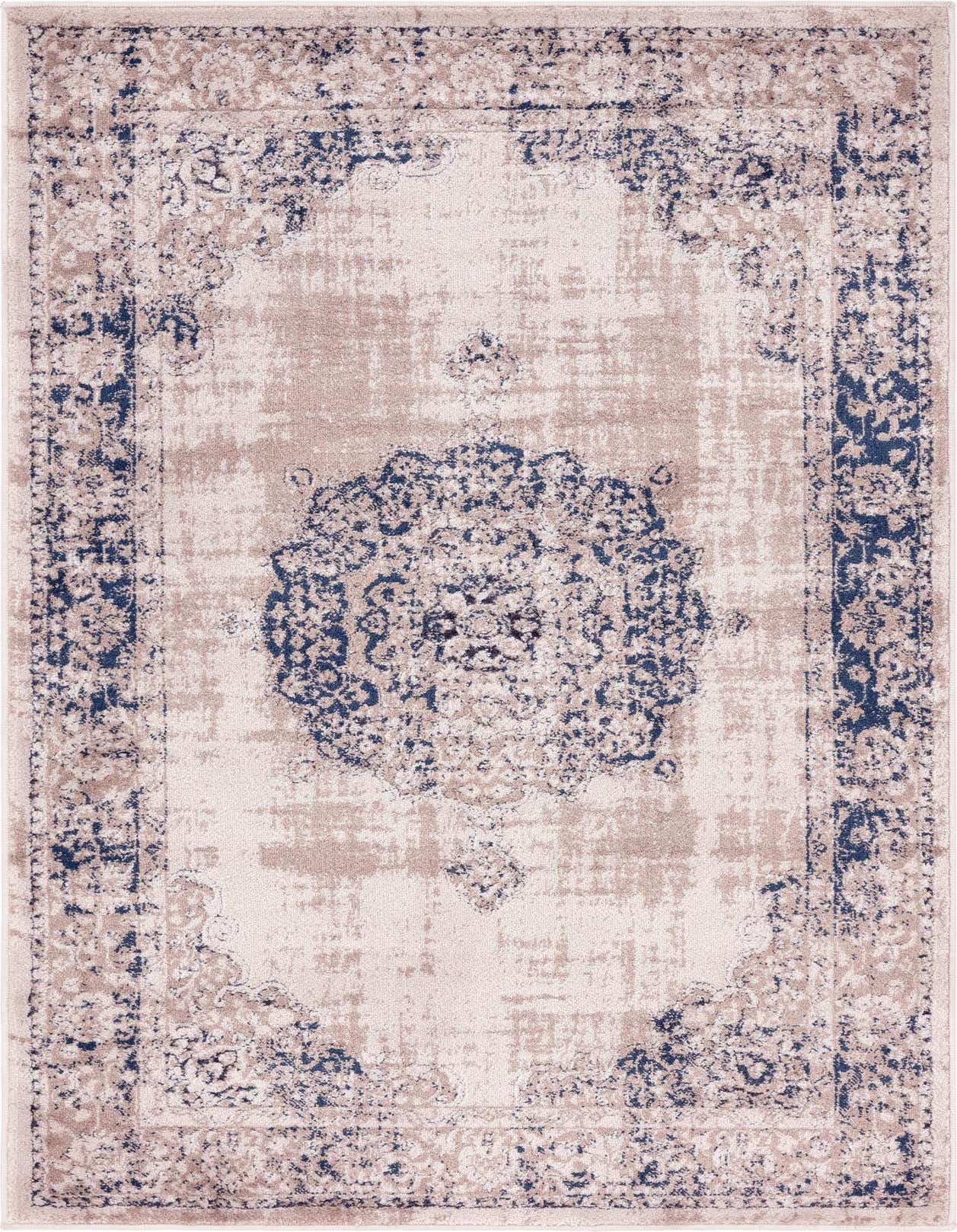 A 3x5 rectangular Estate rug in beige and blue, featuring a distressed traditional medallion pattern.