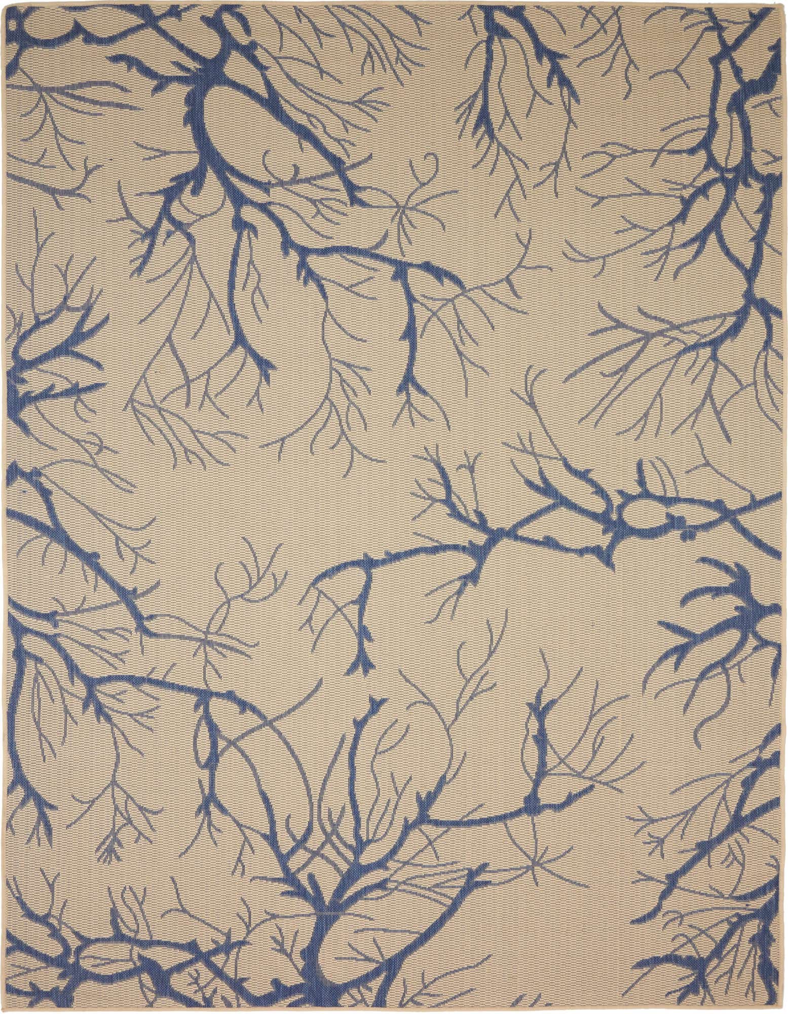 A 6x9 rectangular beige and blue indoor/outdoor rug with a modern botanical branch pattern, ideal for a patio or living room.