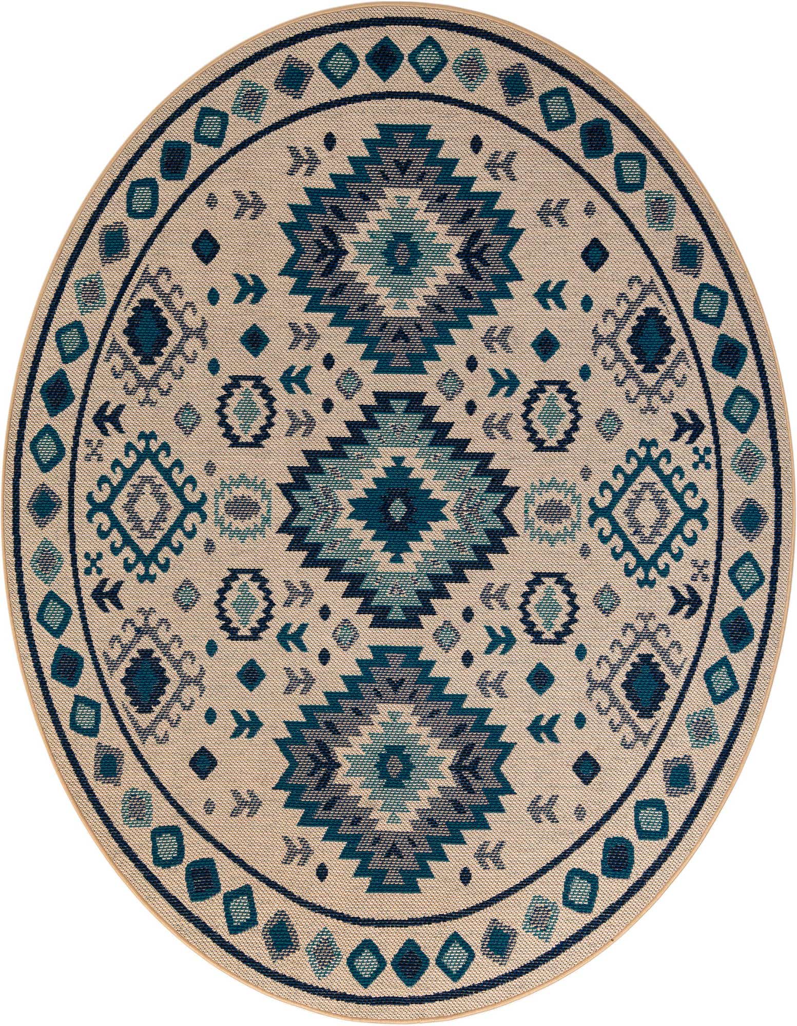 A round beige and blue modern outdoor rug with a geometric pattern, ideal for a patio or deck.