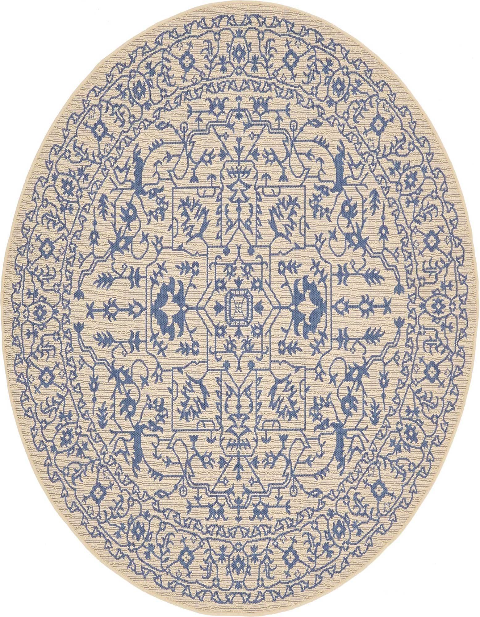A 6' round beige and blue indoor/outdoor rug with a detailed bohemian botanical medallion pattern.