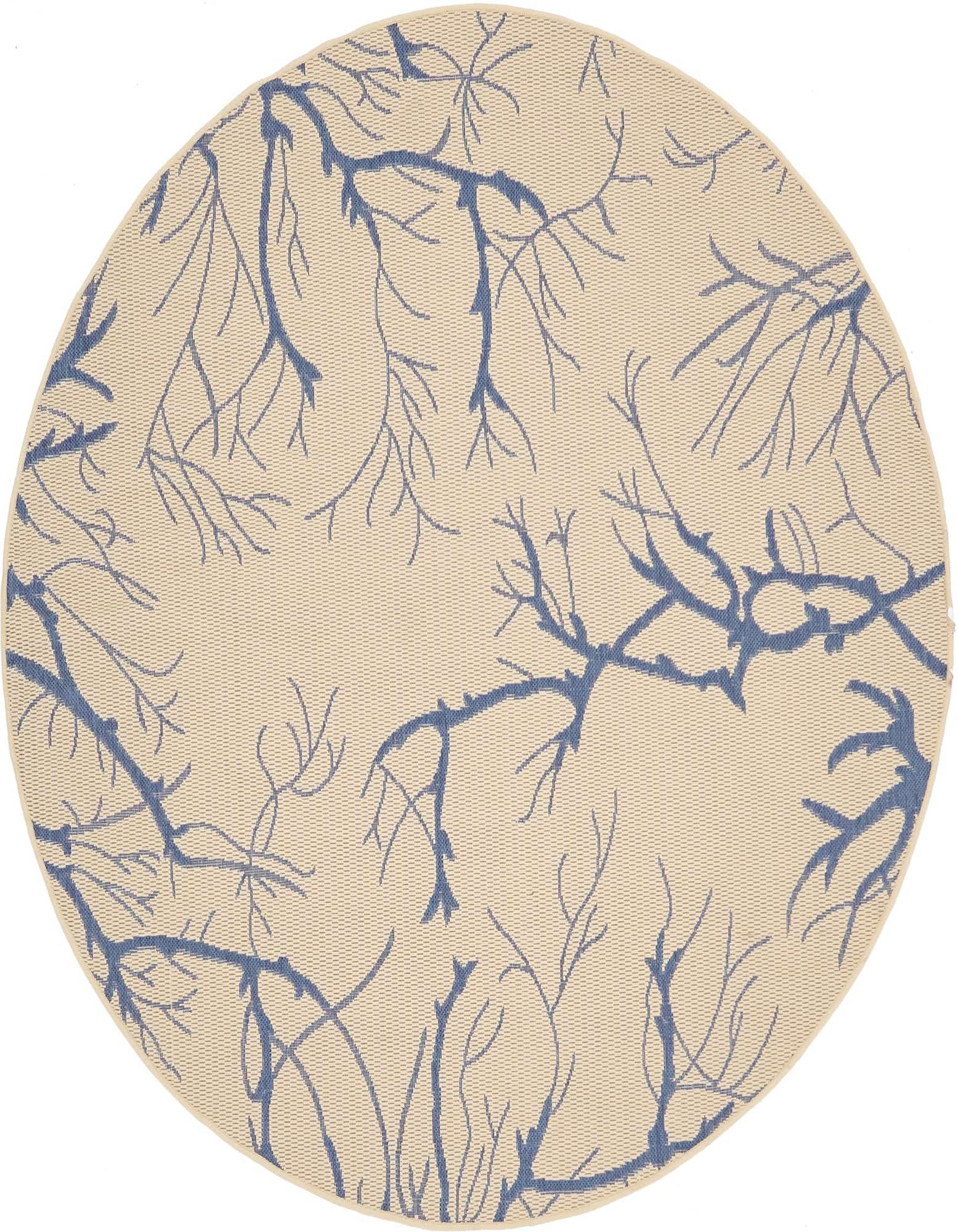 A 6' round beige outdoor rug with a modern blue botanical branch pattern, suitable for a patio.