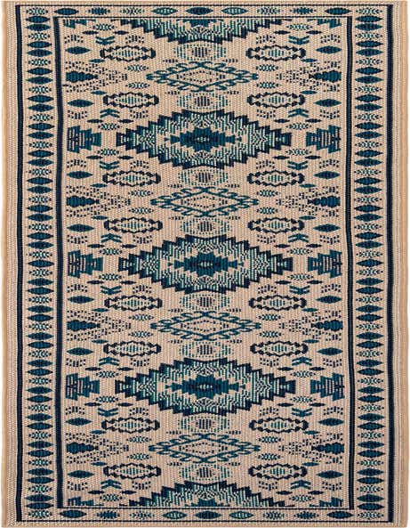 A 12 ft runner rug featuring a traditional geometric pattern in shades of blue and beige, suitable for a hallway or patio.