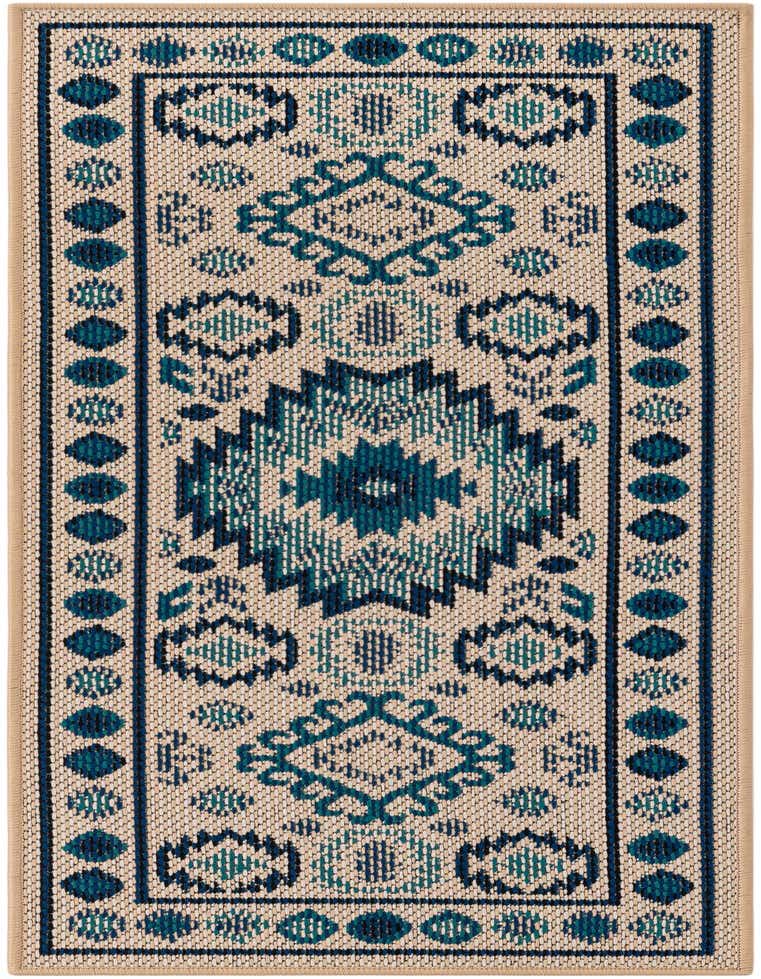 A 5 ft runner rug in beige with a traditional blue and teal geometric pattern, suitable for hallways or patios.