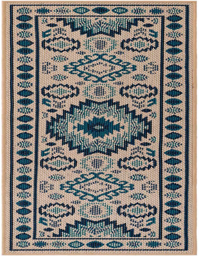 A 6 ft runner rug with a beige background and a traditional blue and teal geometric pattern, suitable for indoor/outdoor use.