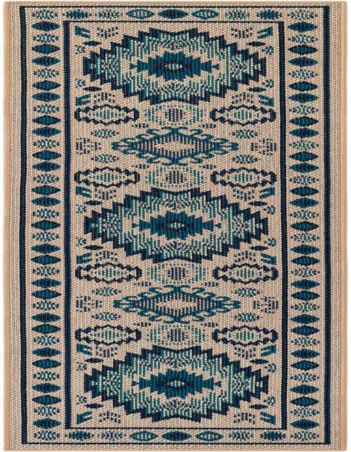 A beige and blue 8 ft runner rug with a modern geometric pattern, ideal for hallways or patios.