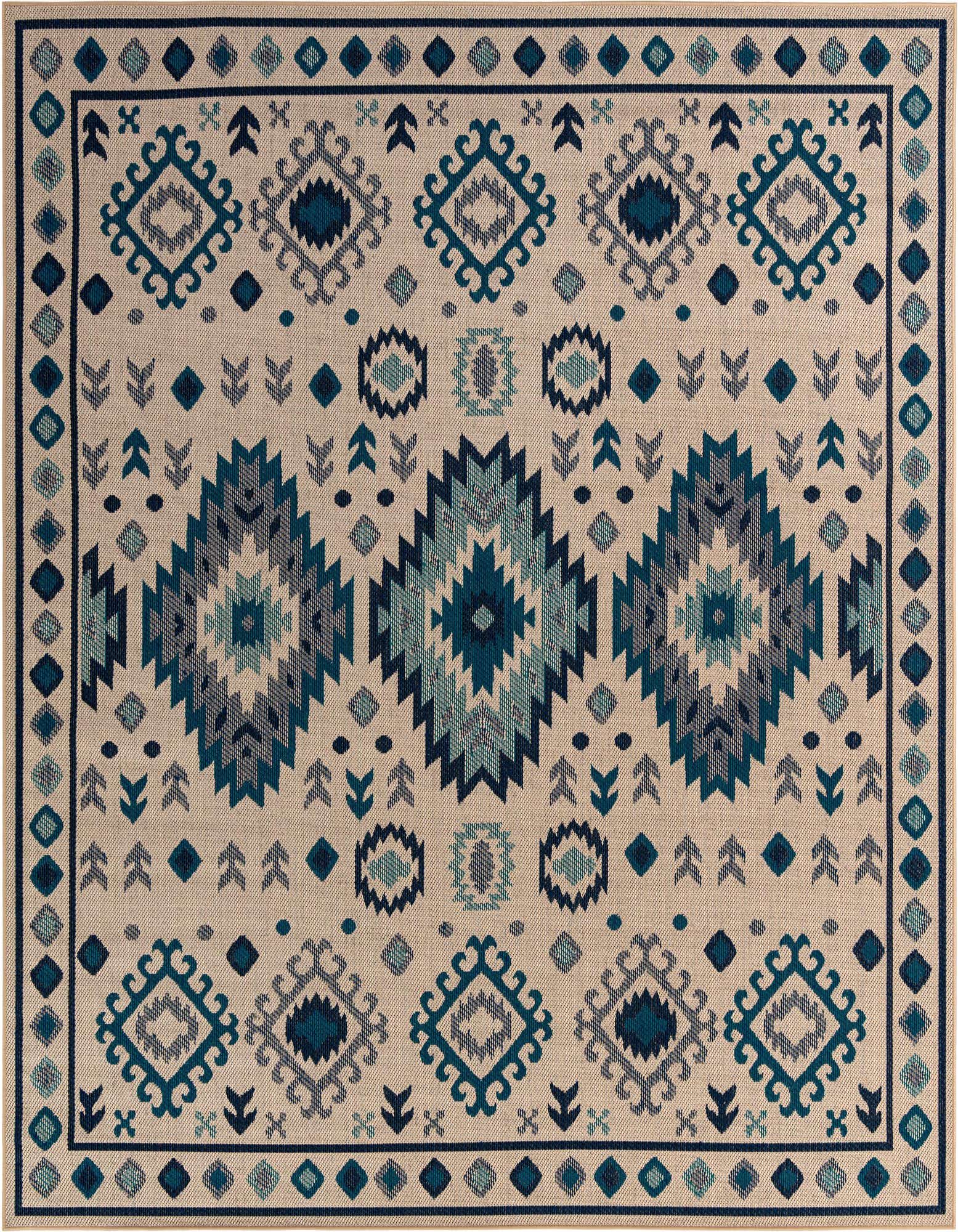 A 10'x10' square beige and blue modern outdoor rug featuring geometric patterns and a decorative border.