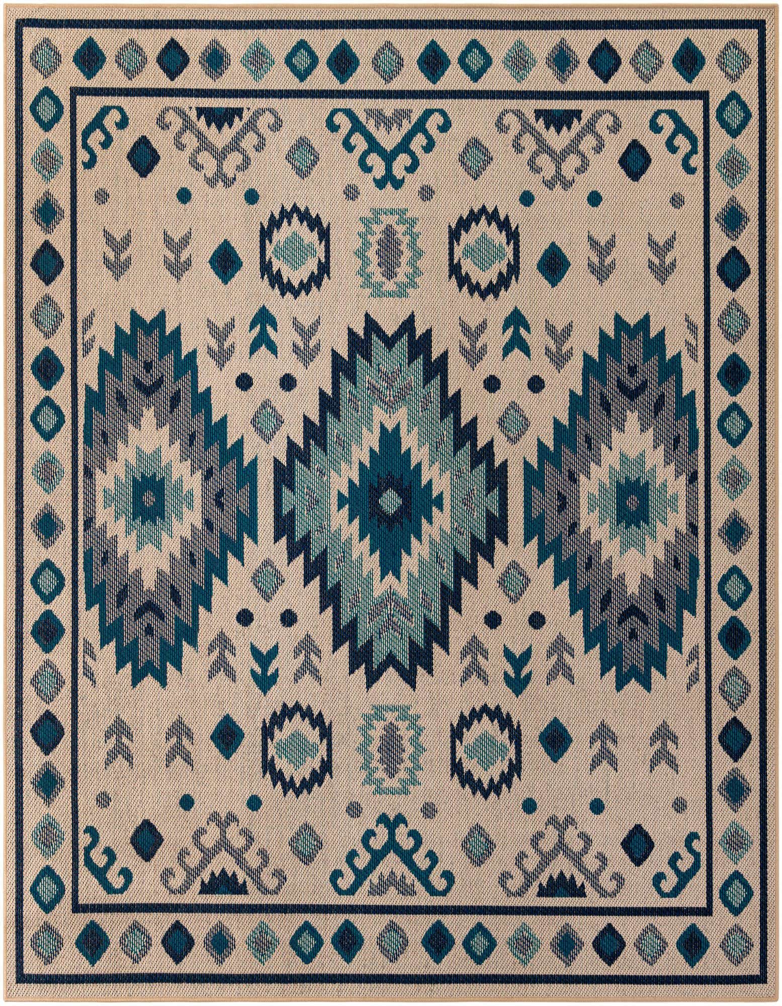 A 7' 10 x 7' 10 square Baja Outdoor rug featuring a beige background with a blue and teal traditional geometric pattern, ideal for a patio.