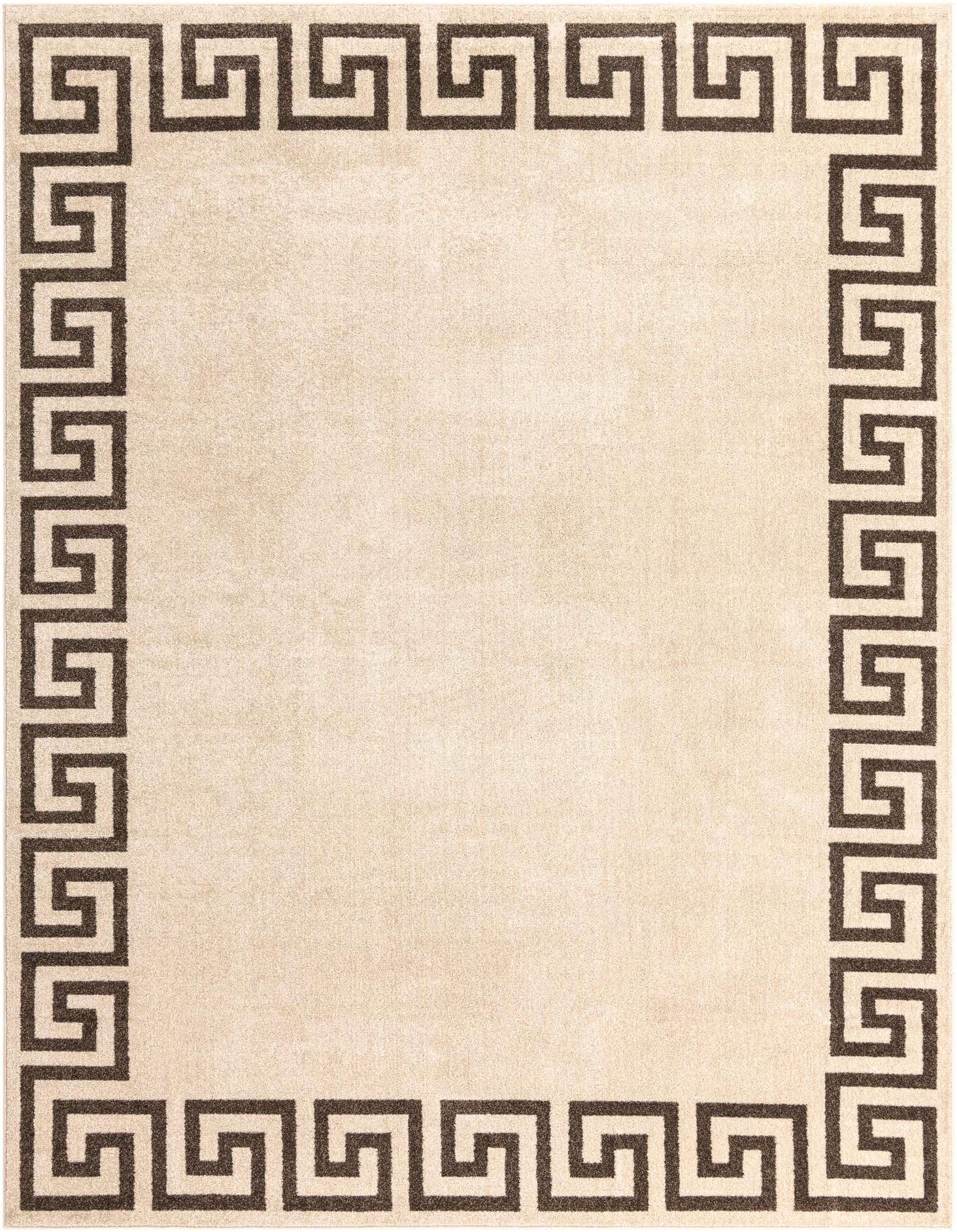 A 9x12 rectangular Hera rug in tan with a dark brown Greek key border, suitable for a living room.