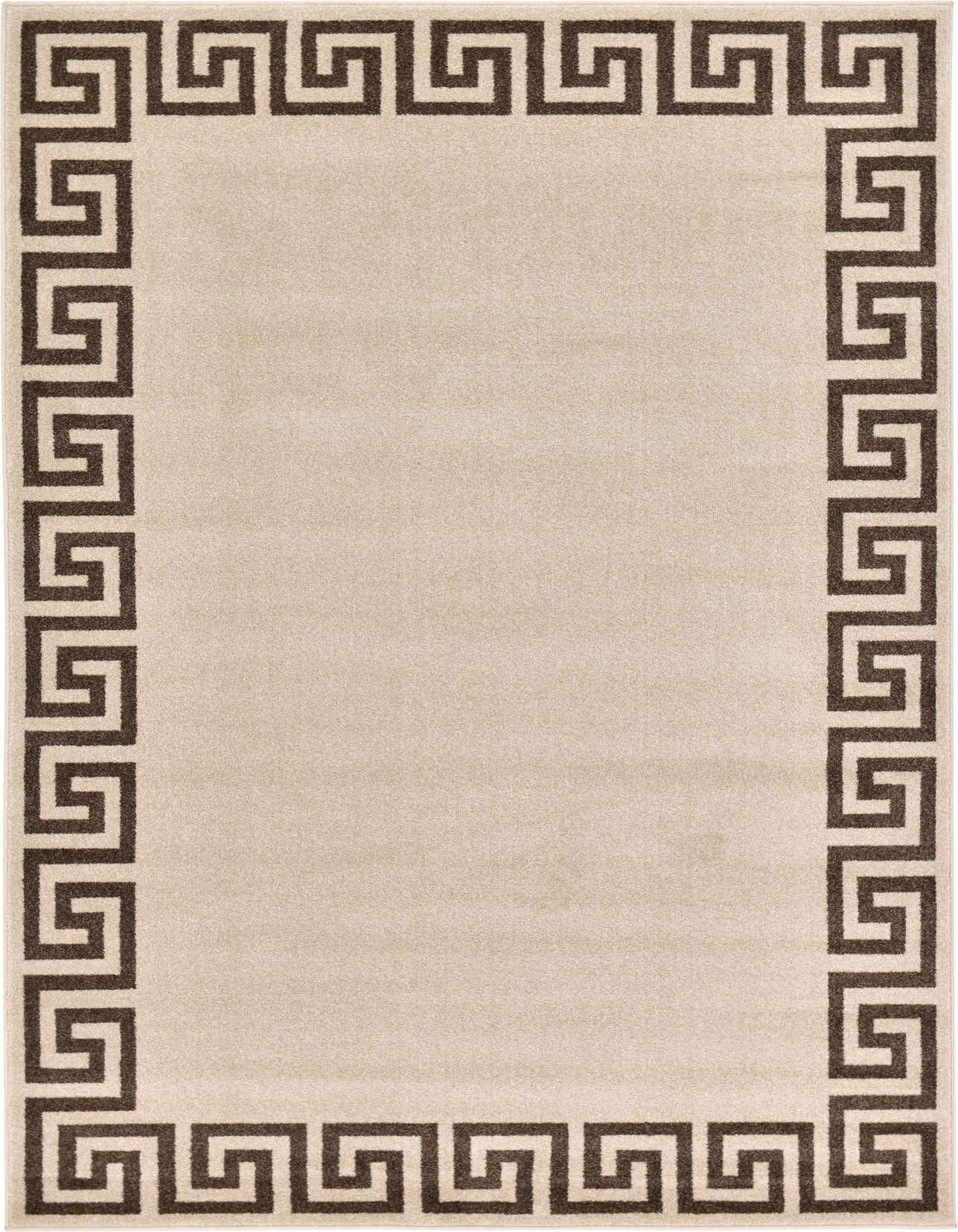 A 5x8 rectangular indoor rug with a light tan field and a dark brown Greek key border pattern.