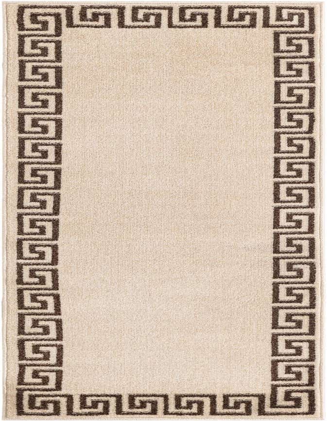 A 6 ft runner rug with a tan field and a dark brown Greek key border, ideal for a hallway or kitchen.