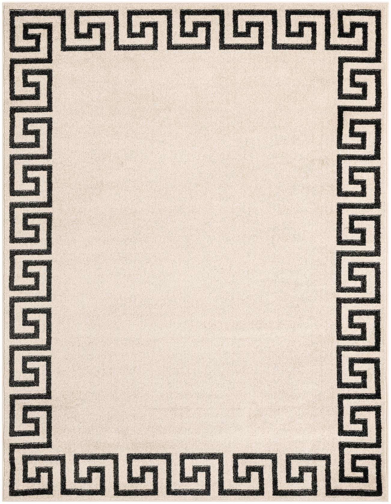 A 5x8 rectangular brown area rug with a bold black Greek key border, perfect for a modern living room.