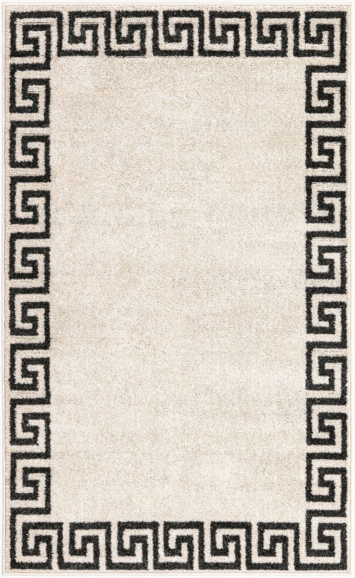 A 3x5 rectangular brown and gray rug with a bold Greek key border pattern, suitable for a kitchen or entryway.