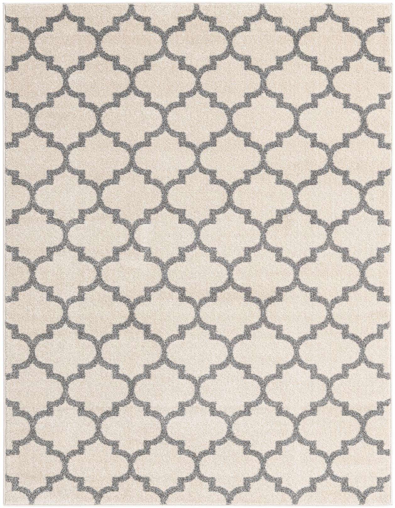 A 5x8 rectangular indoor rug featuring a modern trellis pattern in light brown and gray, ideal for a living room.