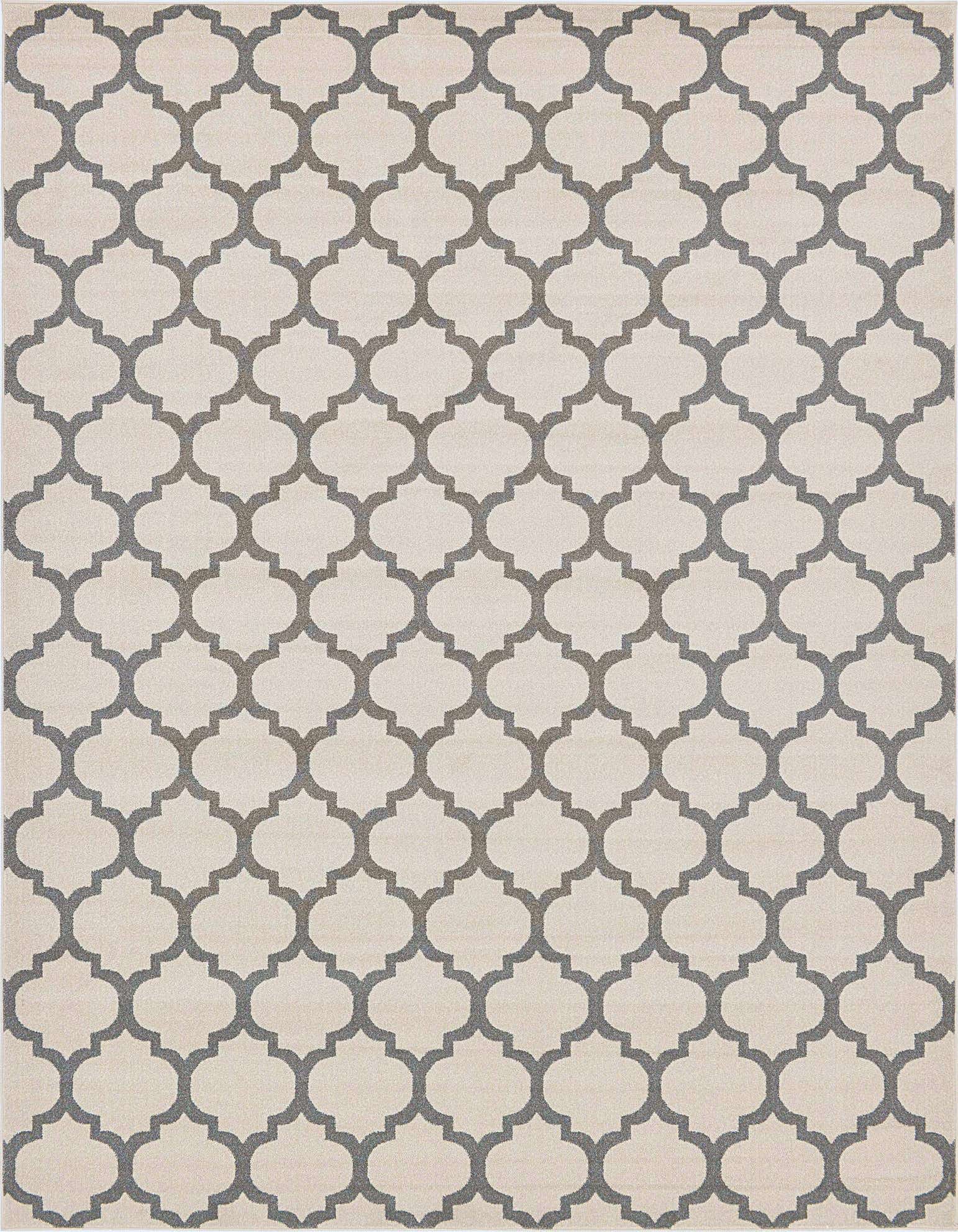 A 10x13 rectangular indoor area rug featuring a modern trellis pattern in light brown and dark gray.