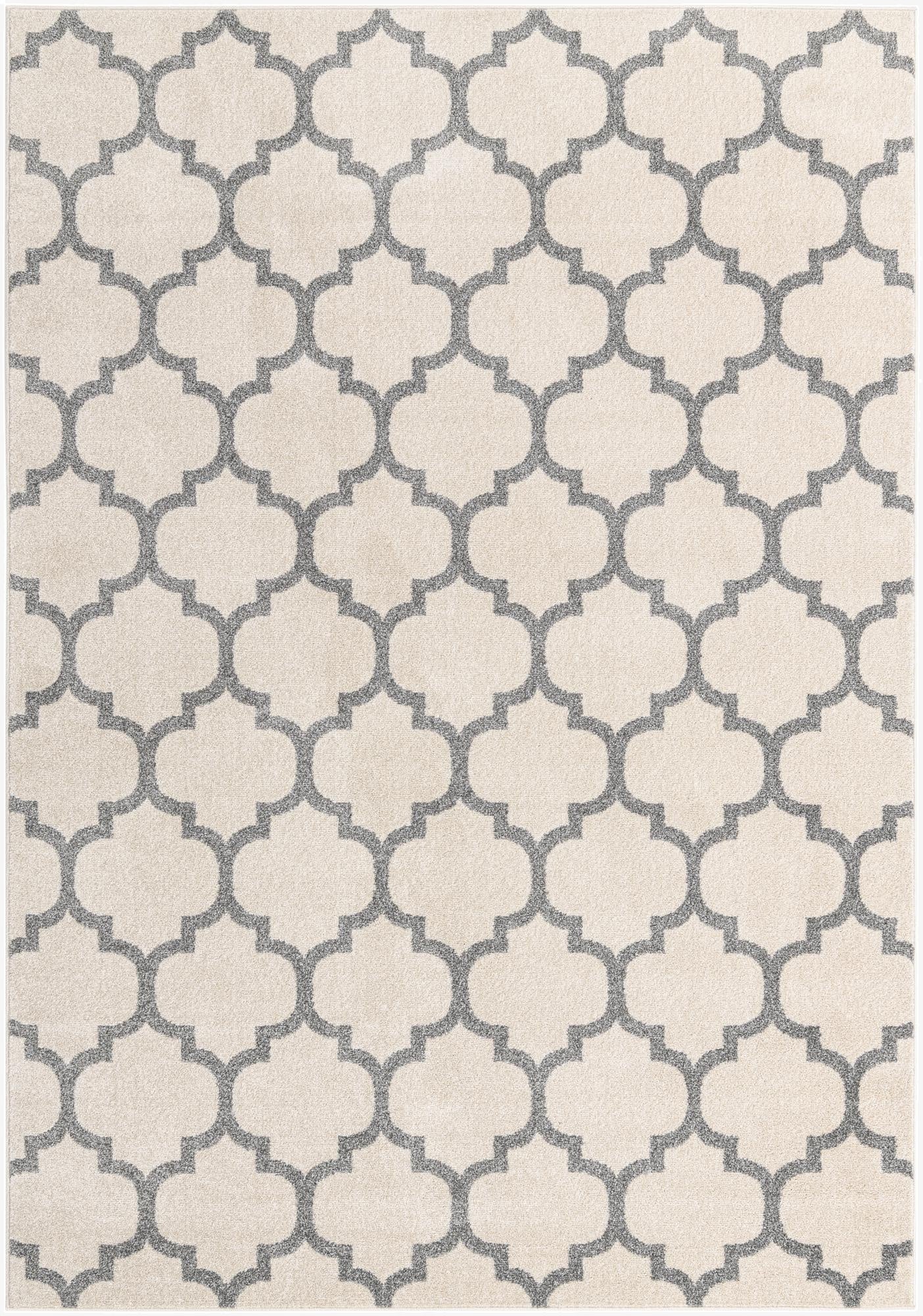 A 7x10 rectangular Rugs.com Lattice rug with a modern gray trellis pattern on a light brown background.