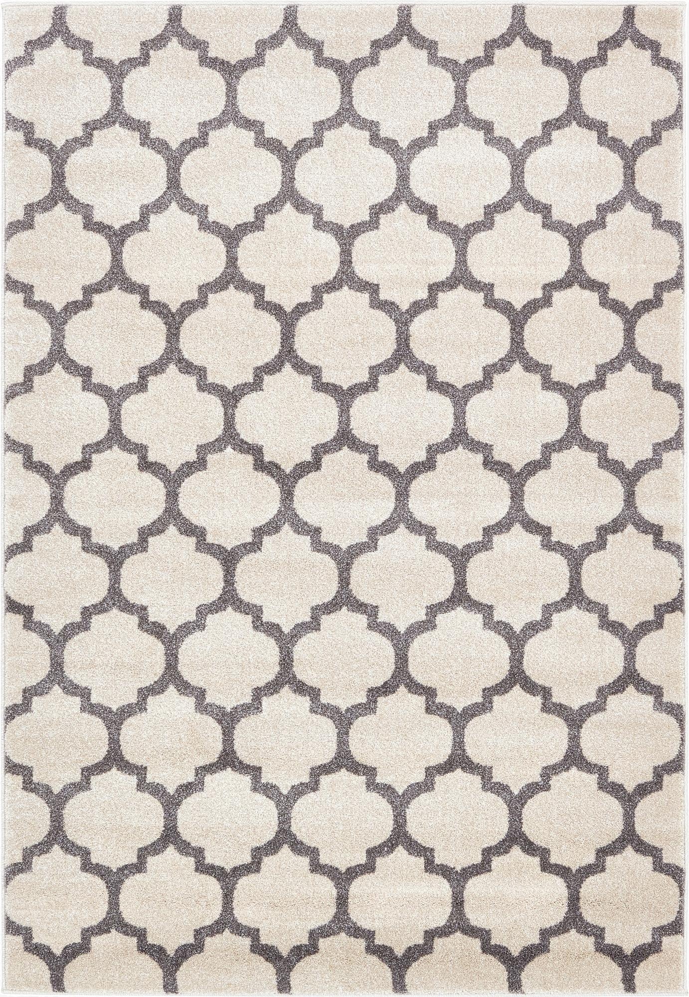 A 4x6 rectangular indoor rug featuring a modern gray trellis pattern on a soft tan background, ideal for a living room.
