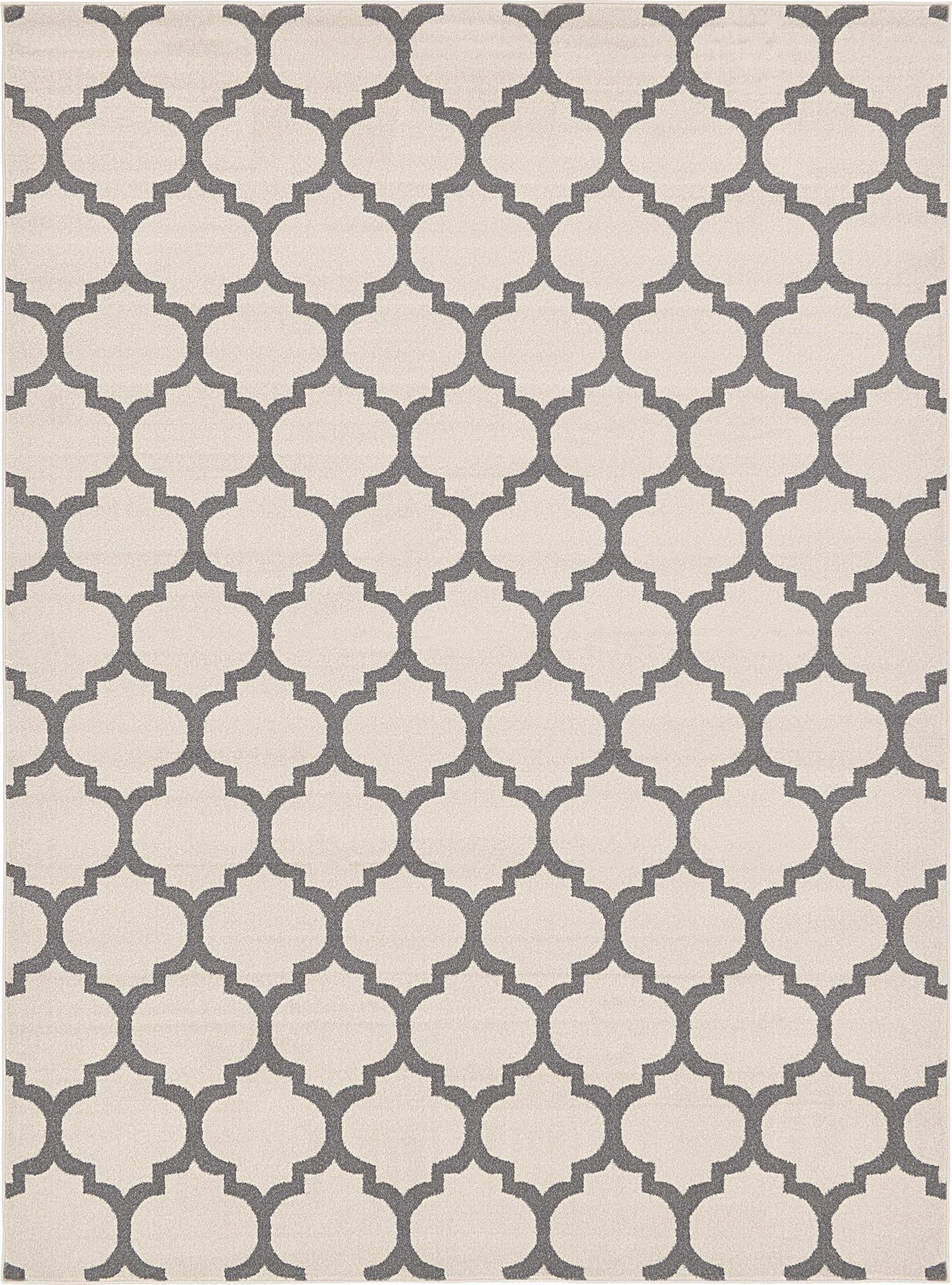 A rectangular 8x11 Rugs.com Lattice rug featuring a modern gray trellis pattern on a light tan background.