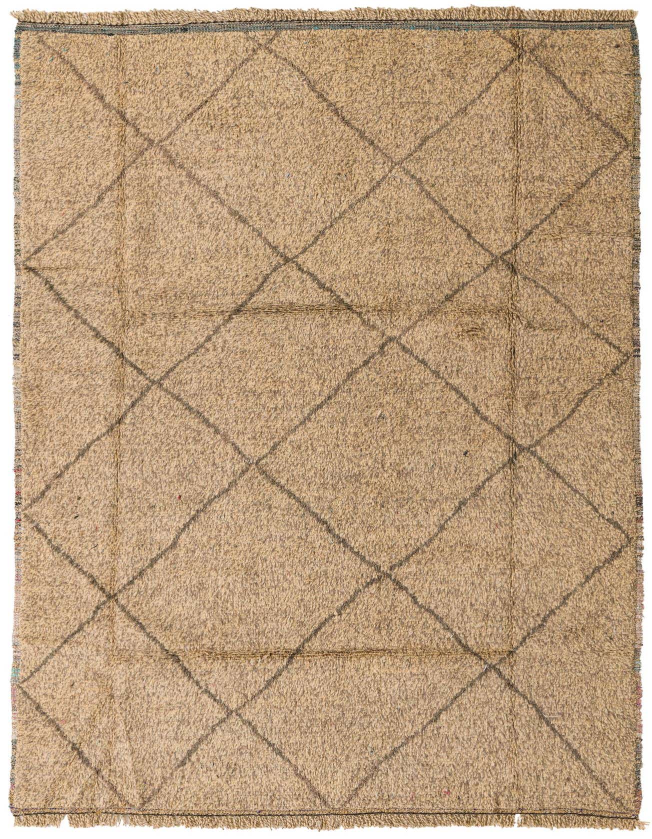A 6x9 rectangular brown shag rug with a gray tribal diamond pattern, featuring fringed edges.
